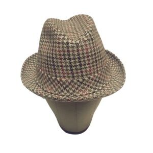 Vintage brown and red gingham stripe structure Tweed casual unisex fedora hat OS